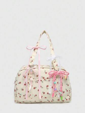 Kawaii Vintage Style Women's One Shoulder Crossbody Bag, Plaid Bow Tie Decor, Cherry & Heart Pattern, Multiple Pockets, Boston Bag Design