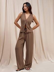 SHEIN PETITE Women Summer Casual Solid V-Neck Fitted Tank Top And Wide Leg Loose Pants Set - Brown - View 7