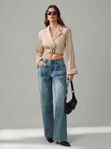 SHEIN Tall 女士时尚休闲短腰带风衣 - 卡其色 - 查看 4