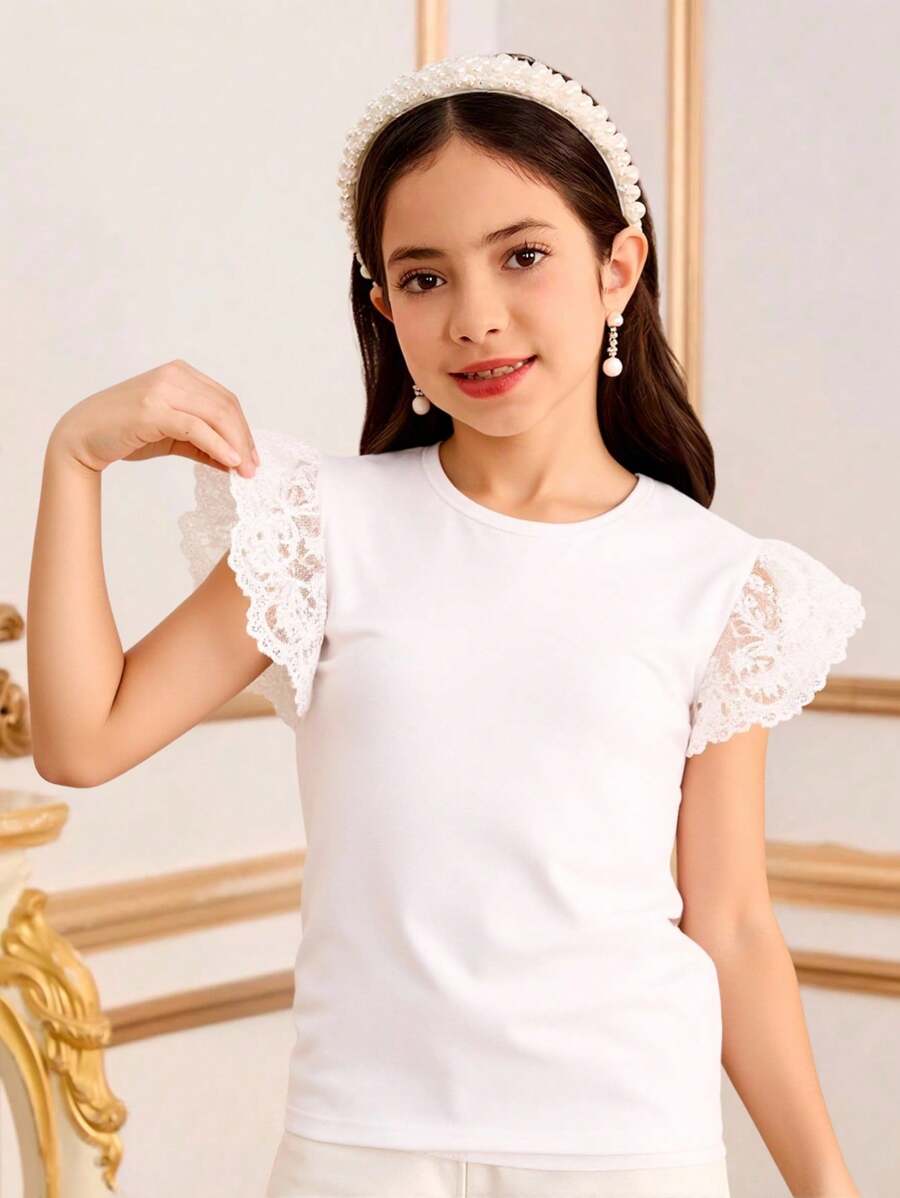 SHEIN 女孩蕾絲拼接蝴蝶袖T恤 - 白色 - 查看 1