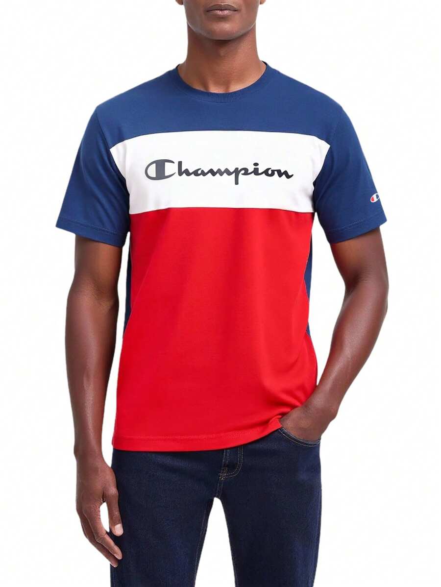 Champion Men's Casual Color Block Letter Print Short Sleeve T-Shirt For Summer
