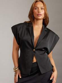 Hauture Plus Solid Sleeveless Lapel Single Button Top - Black - View 5