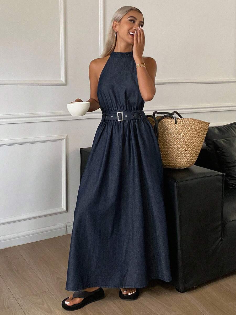 Livesso Western Cowgirl Sleeveless Cinched Waist A-Line Midi Skirt Casual Holiday Denim Dress For Women, Summer