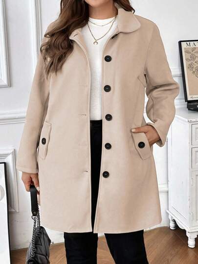 Plus Size Women Single-Breasted Pocket Overcoat, Dark Grey Fall Winter Cloth For Women Autumn