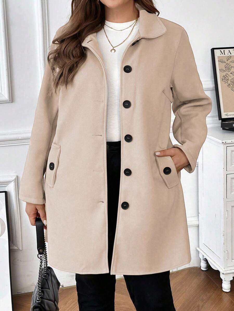 Mantel Panjang Wanita Ukuran Besar dengan Satu Kancing dan Saku, Warna Abu-abu Gelap, Cocok untuk Musim Gugur dan Musim Dingin. - Aprikot - View 1
