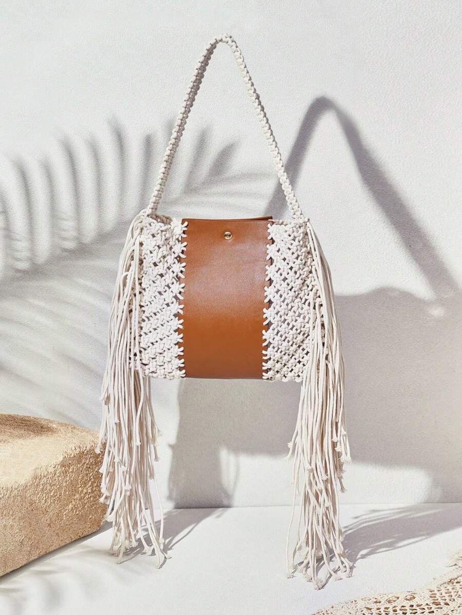 SHECARRY 休闲和假日时尚编织拼布女士单肩包 - 白色 - 查看 1