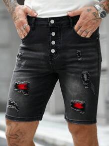 Manfinity LEGND 男士破洞时尚夏季休闲磨边牛仔短裤 男士破洞黑色牛仔短裤 红色点缀黑色牛仔短裤 - 黑色 - 查看 3