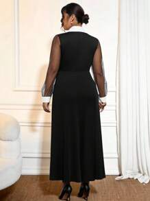 Cravure Women's Plus Size Elegant See-Through Mesh Stitching Long Sleeves Neckline Contrast Lapel With Buttons Solid Color Side Slits Maxi Dress Shirt Dress Elegant Business Casual Summer Women Outfit Spring Dress Formal Women Dresses Maxi Graduation Dress