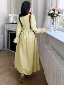 Modelyn Women French Style Square Neck Tie Flare Sleeve Dress - Mustard Yellow - View 3