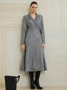 Aveloria Modichic 欧美新款派对富家女高端优雅钉珠面料西装领收腰修身垫肩前开长袖连衣裙 - 灰色 - 查看 6