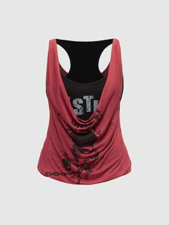 Grunge Punk Top canotta con colletto a costine, balza e incrocio sulla schiena, con stampa teschio nello stile Harajuku Goth Punk Y2K