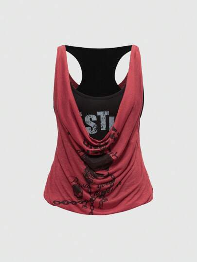 Grunge Punk Top canotta con colletto a costine, balza e incrocio sulla schiena, con stampa teschio nello stile Harajuku Goth Punk Y2K