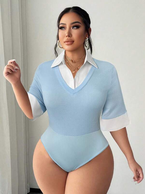 SHEIN SXY Body de mujer talla grande elegante y sexy, con diseño en blanco y negro, cuello de camisa, 2 en 1, apto para uso diario, negocios, simple, ir al trabajo, elegante, casual, compras, ropa de calle, salidas, fácil de combinar y estilizador, resalta tu figura