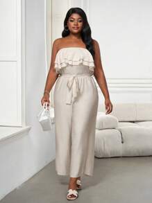 SHEIN PETITE CURVE Plus Size Women's Holiday Solid Color Ruffle Waist Tie Front Strapless Jumpsuit, Suitable For People Of Shorter Stature - Apricot - View 3