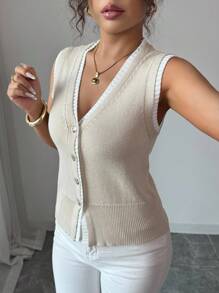 Rafferiza 撞色V领无袖二合一开衫背心针织毛衣