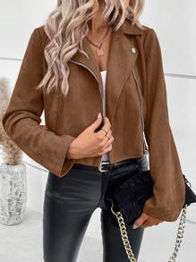 EMERY ROSE Women Casual Solid Color Lapel Collar Zipper Crop Jacket Maillard Style Fall Winter Cloth For Women - Coffee Brown - View 5