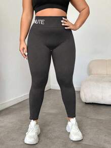 Easithlete Plus Size Women High Waist Letter Print Elastic Tight Leggings