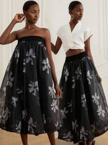 GENKIRA Váy Maxi Maxi Không Dây Voan Organza Hoa Ngẫu Nhiên Lấy Cảm Hứng Từ Đêm Đầy Sao, Váy Xòe Xòe Mây Trắng Lấp Lánh, Trang Phục Thanh Lịch Cho Tiệc Tối & Tiệc Tối - Đen và trắng - Xem 5