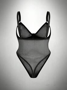 SHEIN Plus Size Sexy Mesh Bodysuit With PU Leather Contrast, One Piece - Black - View 2
