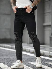 Manfinity LEGND 男士纯色做旧口袋紧身时尚牛仔裤 - 黑色 - 查看 1
