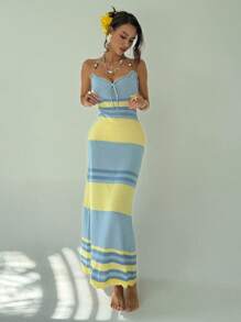 Aloruh Women's Summer Vacation Style Contrasting Striped Pattern Ripped Front Tie Knot Fitted Dress - Multicolor - View 5