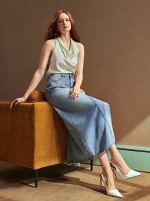 SHEIN EZwear 女式新款水钻高开衩修身优雅牛仔裙，适合所有季节 - 藍色 - 查看 7