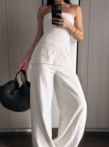 SHEIN Frenchy 2 件套女士休闲纯色抹胸和裤子白色套装