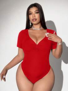 Viva Relle Plus Size Women Deep V-Neck Textured Bodysuit