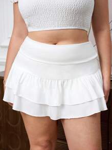 SHEIN Tall CURVE 夏季大码纯色多层休闲迷你裙 - 白色 - 查看 3
