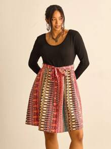 SHEIN VCAY 大码女式几何印花系带长袖连衣裙 - 彩色 - 查看 5