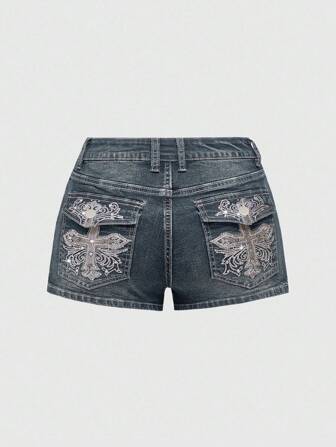 Grunge Punk Y2K Cross Embroidery & Rhinestone Decor Plus Size Denim Shorts