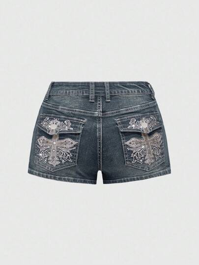 Grunge Punk Shorts en jean grande taille avec décoration de broderie croix et strass de style Y2K
