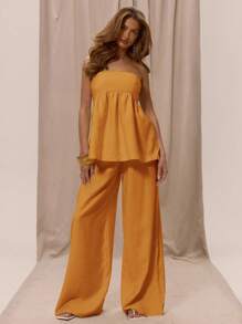 MUSERA 无肩带修身胸部宽松荷叶边无肩带长款上衣（仅限春季度假优雅沙滩装波西米亚浪漫伊比沙亚麻质感外出上衣优雅嘉年华节日夏季复活节 - 橘色 - 查看 5