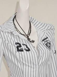 SHEIN ICON 女式黑白条纹长袖短款衬衫，数字印花，修身剪裁，学院风，夏季女士棒球衫细条纹棒球衫女士棒球上衣女士棒球球衣棒球纽扣衬衫 - 彩色 - 查看 7