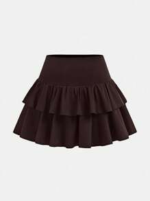 SHEIN Girlism Thường ngày cho bé gái tuổi teen, Thể thao, Trường học, Quay lại trường, Quần bó bên trong màu đen có viền xếp nếp đôi, Váy trượt, Mùa xuân và mùa hè - màu nâu - Xem 6