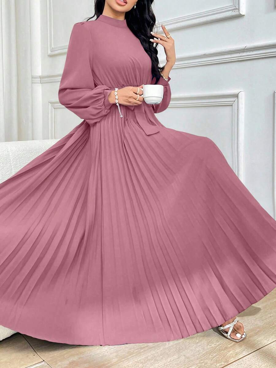 Modelyn Mock Neck Long Lantern Sleeve Pleated Hem Belted Modest Dress Long Evening Dresses - Pink - View 1