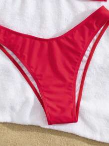 SHEIN Swim 女款純色抹胸鏤空性感比基尼泳衣套裝，無鋼圈，適合夏季海灘度假 - 紅色 - 查看 5