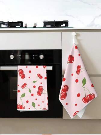 Kawaii 1pc Bow Cherry Hand Towel - Cute Kitchen & Bath Towel, Super Absorbent Quick-Dry Polyester With Decorative Butterfly Bow, Kawaii Aesthetic Gift , Spring Decor, Tea Party - Low Lint, Machine Washable