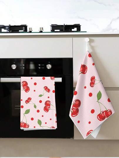Kawaii 1 pièce Serviette à main avec nœud et cerise - Serviette de cuisine et de bain mignonne, super absorbante et séchage rapide en polyester avec nœud papillon décoratif, cadeau esthétique kawaii, décoration printanière, service de thé - Peu de peluches, lavable en machine