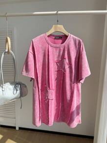 SHEIN EZwear Women Plus Size Embroidered Washed Short Sleeve T-Shirt - Pink - View 3