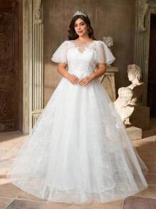 Aureia Váy cưới thêu lưới sang trọng cổ tròn họa tiết hoa đính ren tay bèo cỡ lớn thanh lịch & lãng mạn màu trắng - trắng - Xem 2