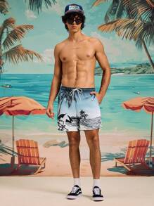 Manfinity Swimmode 男士松紧腰抽绳宽松休闲棕榈树印花沙滩裤