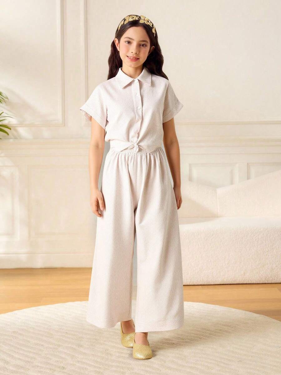 2 件套女童条纹棉质短袖衬衫搭配阔腿裤，休闲春夏季度假装、假日装、夏季装、旅行装 - 卡其色 - 查看 1