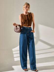 CLARA VERO Women's Casual Loose Fit Pocketed Wide Leg Jeans, Versatile