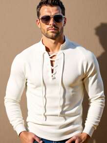 Manfinity VCAY Men Knitted Casual Plain Long Sleeve T-Shirt With Lace Up Tie Fastening Neckline, Vacation, Boyfriend Gift White Tops For Men, White T-Shirts, Summer, For Fall, Couple Things