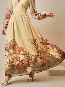 Anewsta Anwesta 优雅V领束腰印花女式连衣裙 - 黃色 - 查看 4