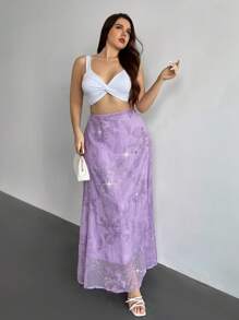 Firerie Váy lưới thêu hoa thanh lịch cỡ lớn, mùa hè - Màu tím - Xem 4