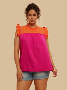 SHEIN VCAY Plus Size Boho Two Tone Ruffle Trim Frill Neck Blouse, For Summer - Multicolor - View 1