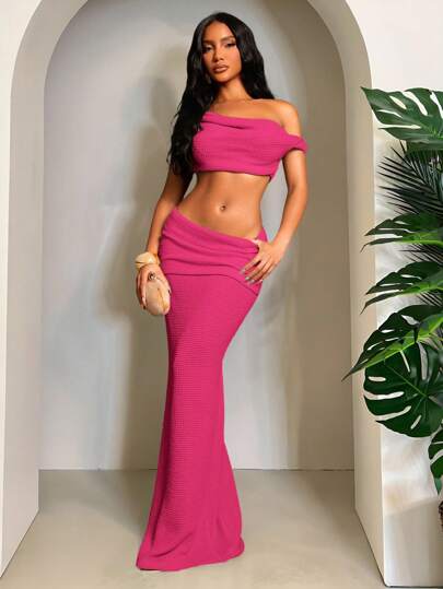 SHEIN SXY 2pcs/Set Summer Casual & Elegant Vacation Solid Light Apricot Grid Crochet Outfit, Asymmetrical Shoulder Exposed Cropped Top And Flipover Waist Fish Tail Skirt, Holiday Travel Wear