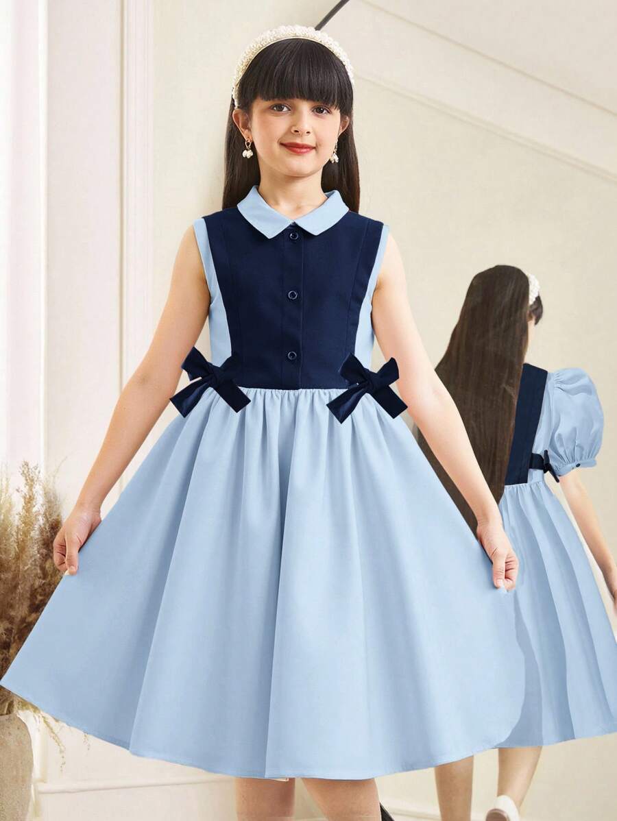 SHEIN 青少年女孩领口无袖撞色领带二合一休闲连衣裙 - 淺藍色 - 查看 1